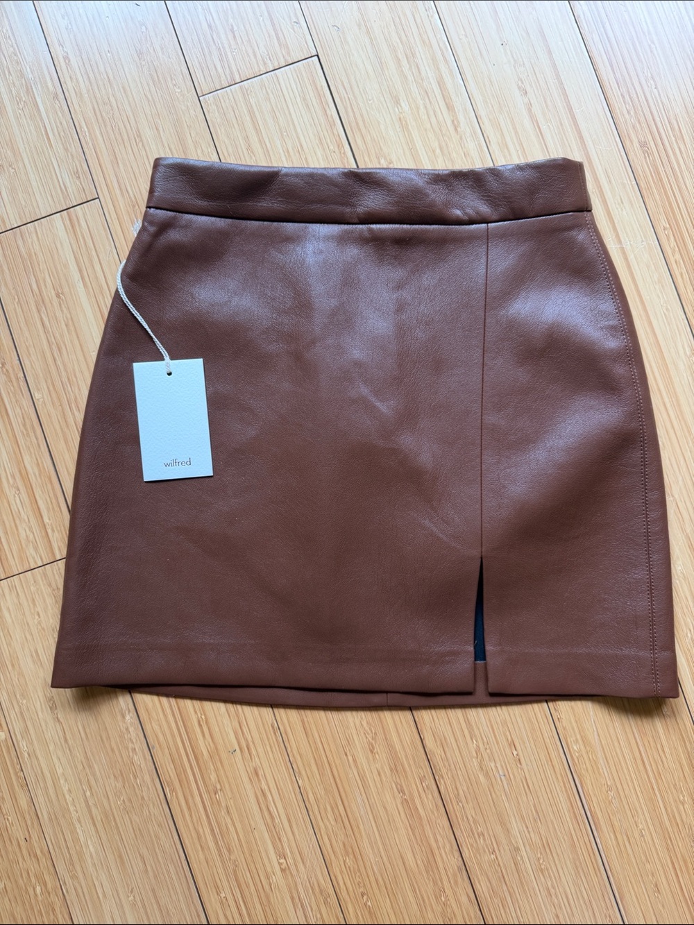 Wilfred Chocolate Brown Faux-Leather Mini Skirt with Front Slit